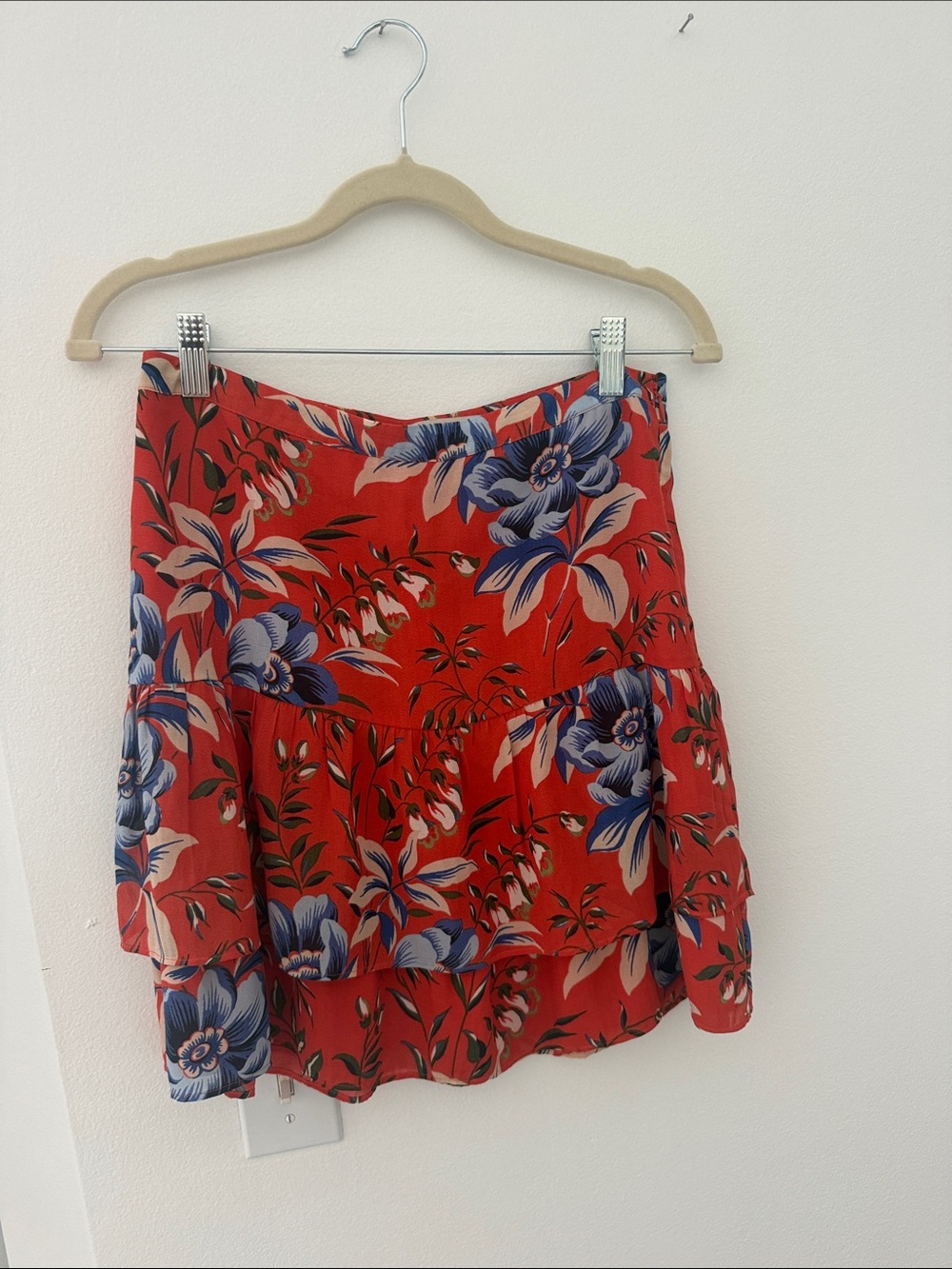 LOFT Red Floral Tiered Mini Skirt with Blue Flowers
